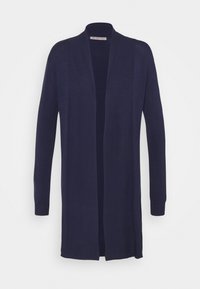Cardigan navy in morbido knit testurizzato con apertura anteriore, maniche lunghe e polsini a costine, caratterizzato da una silhouette dritta e senza chiusura.