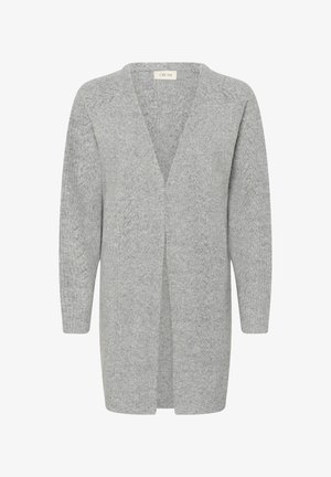 Grey knitted cardigan with a v-neck, long sleeves, open front, and a textured pattern. Made from soft fabric for comfort.