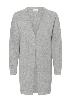 Cardigan ouvert gris clair en tissu tricoté. Présente des manches longues, un décolleté en V et un motif texturé sur l'ensemble.