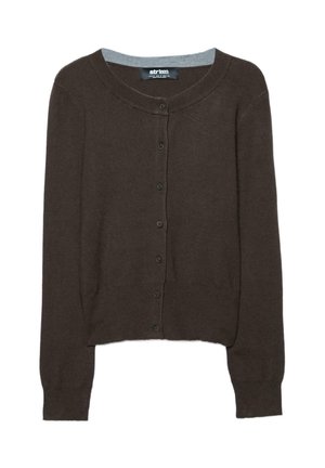 Cardigan en maille marron à manches longues, col rond et fermeture à boutons. Présente un col intérieur gris contrastant et des poignets côtelés.
