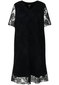 Vestido negro hasta la rodilla con superposición de encaje floral, mangas cortas de encaje transparente y escote en V.