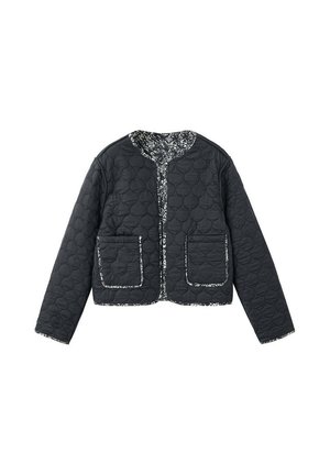 Veste matelassée noire avec encolure ronde, deux poches avant et bordure à motif noir et blanc le long des bords et à l'intérieur du col.