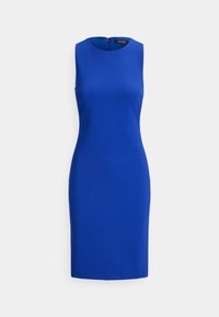 Ermeløs blå kjole laget av tett stoff med en tettsittende design. Har glidelås bak og rund halslinning. Jevn tekstur.