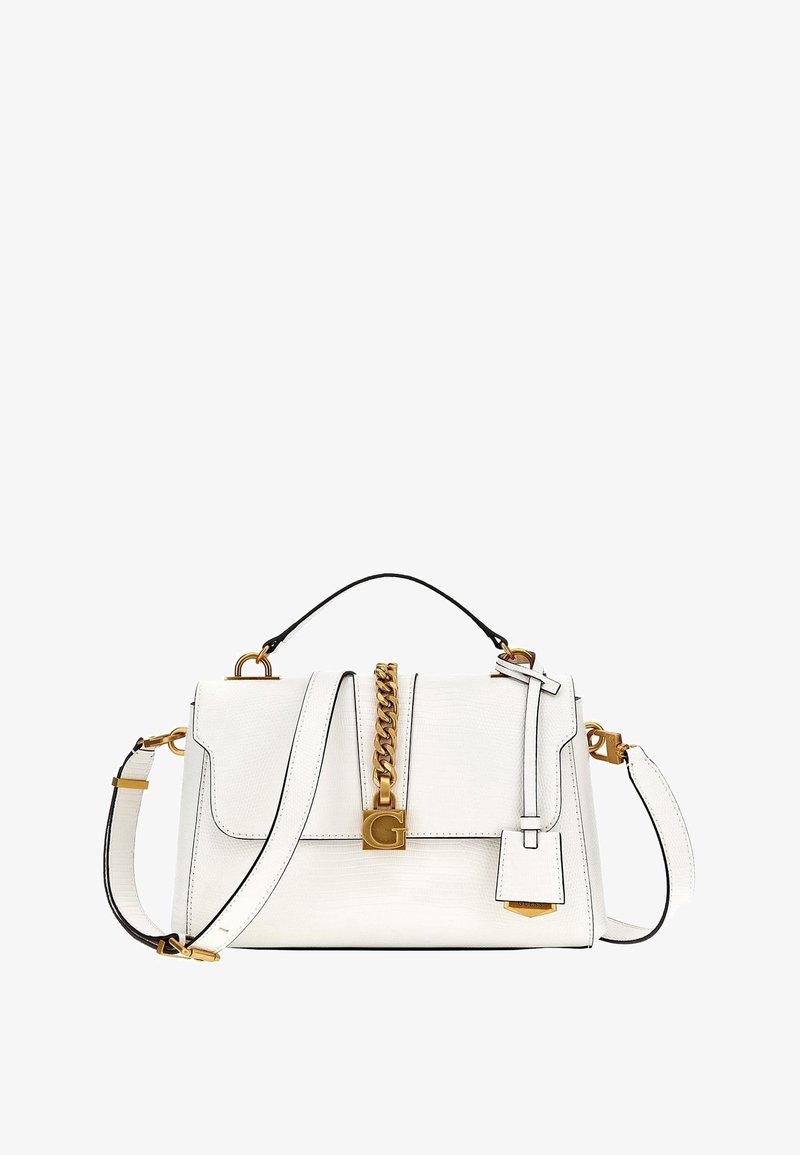 Sac à main en cuir blanc avec détail chaîne dorée et fermoir en forme de G, poignée supérieure et bandoulière réglable.