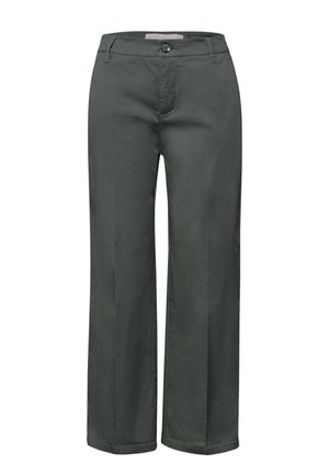 Pantalon droit gris foncé avec passants pour ceinture, fermeture par bouton et braguette zippée à l'avant, présenté sur un fond blanc.