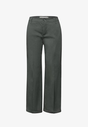 Pantalon droit gris foncé avec passants pour ceinture, fermeture par bouton et braguette zippée à l'avant, présenté sur un fond blanc.