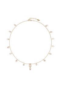 Collier en or avec des pierres en forme de goutte d'eau espacées uniformément le long d'une chaîne délicate, avec un pendentif goutte en focal au centre.