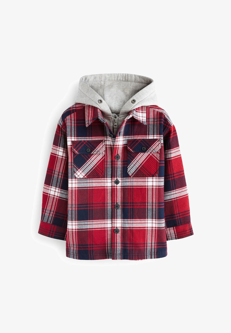 Röd och marinblå rutigt flanellskjorta med grå huva, med knäppt fram, två bröstfickor och klassisk kragsdesign.