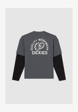 Gray short-sleeve t-shirt with black long sleeves. Features white text "QUALITY WORKWEAR DICKIES" and a gear graphic on the back.