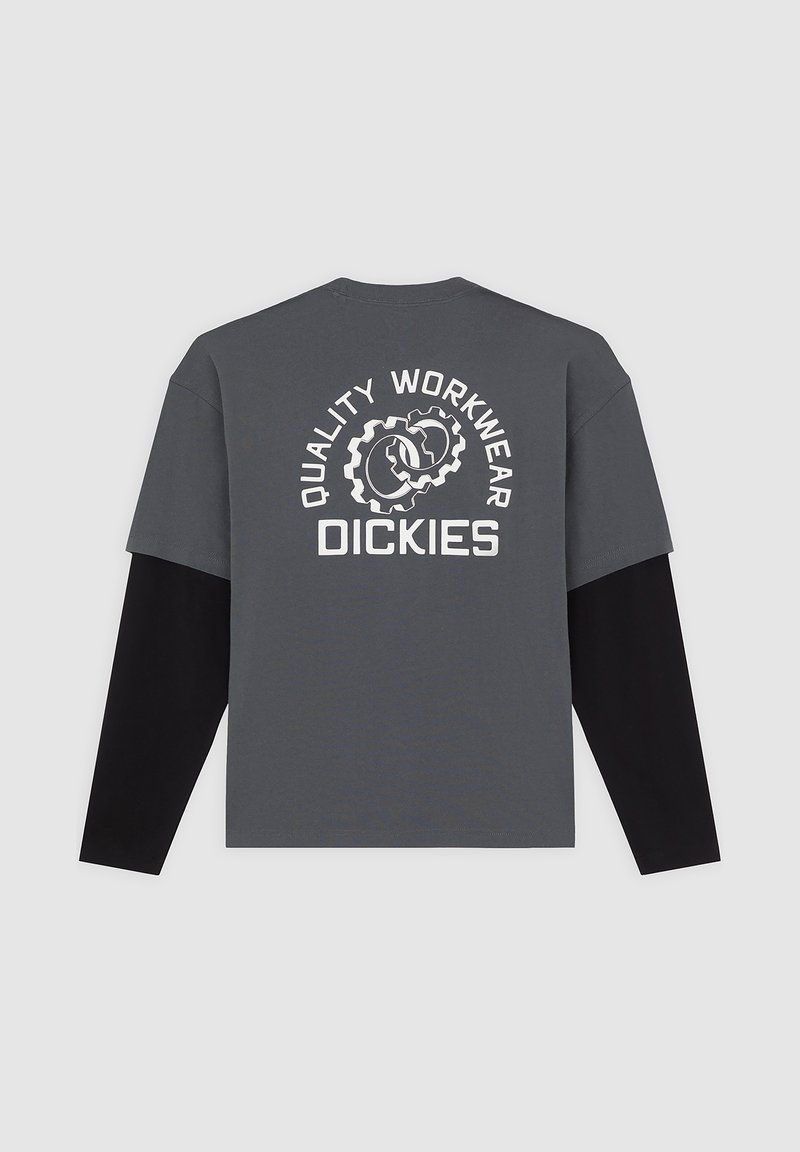 Gray short-sleeve t-shirt with black long sleeves. Features white text "QUALITY WORKWEAR DICKIES" and a gear graphic on the back.