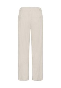 Pantalon beige à jambe droite avec passants de ceinture et deux poches passepoilées à l'arrière, présenté de dos sur un fond blanc.