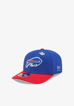 Blue and red baseball cap with Buffalo Bills logo on front and NFL Draft pin above, New Era logo on side, sticker on red brim.