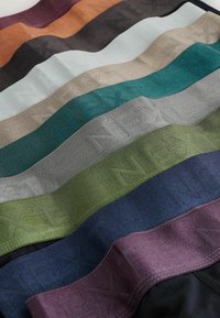 Șapte benzi de țesătură pliate în nuanțe de ruginiu, negru, albastru deschis, bej, teal, gri, verde, bleumarin și violet, cu text embosat „NEXT”.