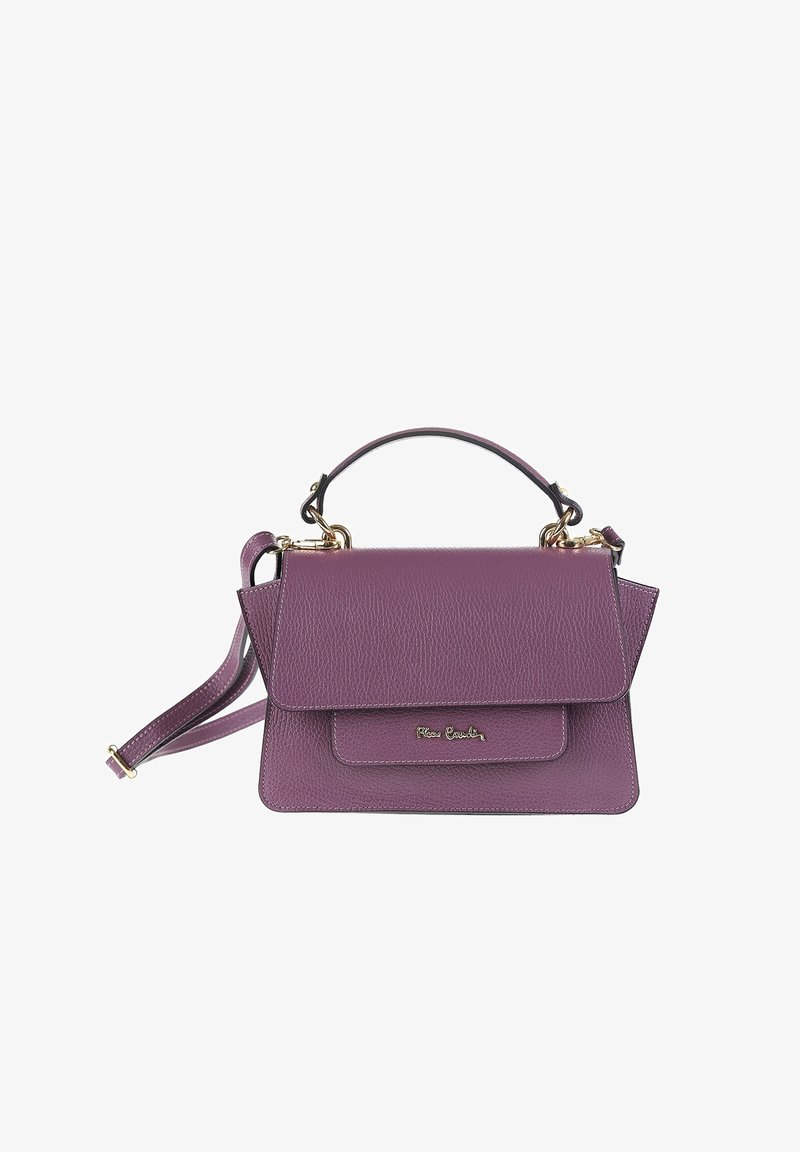 Borsa a mano in pelle viola con design strutturato, manico superiore, tracolla removibile e dettagli in metallo dorato. Presenta una chiusura a patta.