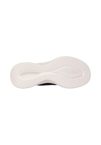 Suela de zapato con una banda de rodadura de goma blanca texturizada, surcos curvados para agarre y el nombre de la marca "Skechers" grabado cerca del área del talón.