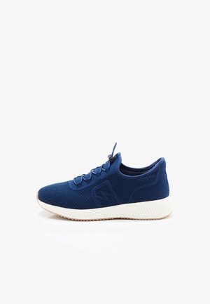 Blue mesh sneaker with white sole and elastic bungee laces, designed for casual wear, shown from the side on a white background.