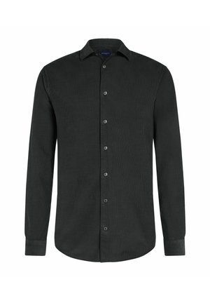 Zwart overhemd met lange mouwen, knoopsluiting, puntige kraag en knoopmanchetten, weergegeven op een witte achtergrond.