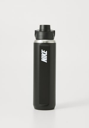 Black stainless steel water bottle with a matte finish, ergonomic design, black cap, and white "NIKE" logo on the front.