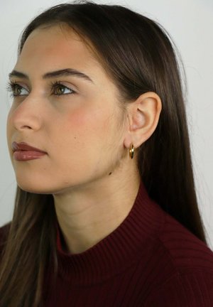 Młoda kobieta z długimi brązowymi włosami, ubrana w bordowy prążkowany golf, nosząca małą złotą kolczyk-kółko, patrząca w lewo.