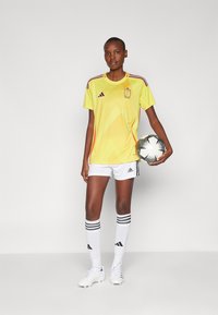 Camisola atlética amarela com padrão diagonal, detalhes em preto e vermelho, calções brancos e meias brancas até ao joelho com riscas pretas; segurando uma bola de futebol.
