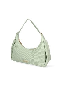 Borsa a tracolla verde chiaro, con texture e un motivo intrecciato, manico superiore morbido e cerniera metallica. Presenta un accento del logo dorato sul lato.
