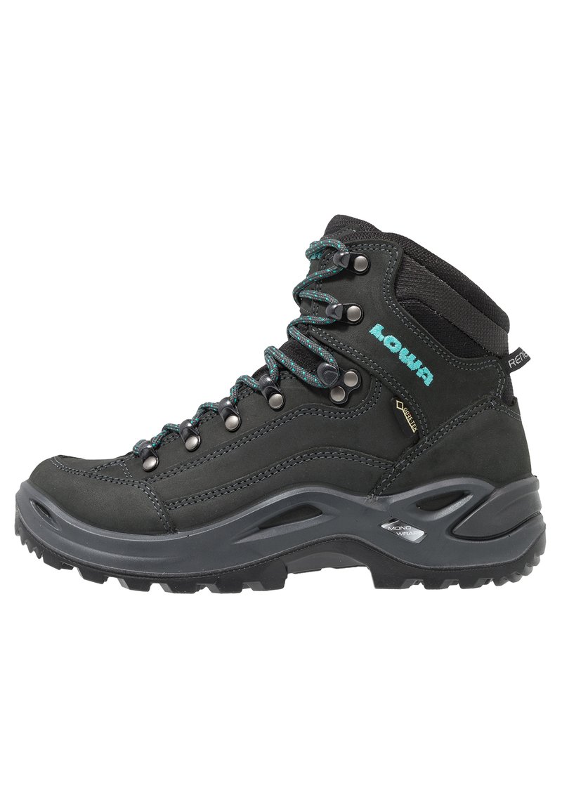 Zwarte wandelschoen met een suède bovenkant, teal veters, metalen oogjes en een gestructureerde rubberen zool met diepe noppen voor grip.