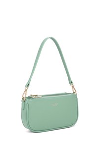 Borsa a tracolla sintetica verde menta con una superficie liscia, due scomparti con zip e una tracolla staccabile con hardware dorato.