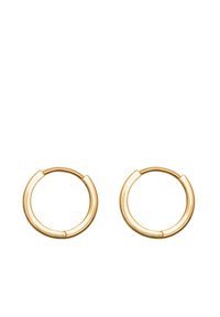 Guldøreringe med en rund form, der har en glat metalfinish og et lille hængsel til lukning. Diameteren er cirka mellemstor.