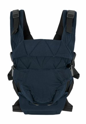 Mørkeblå polstret babybæresele med justerbare skulderremme og sikre spænder, designet til ergonomisk støtte og komfort.