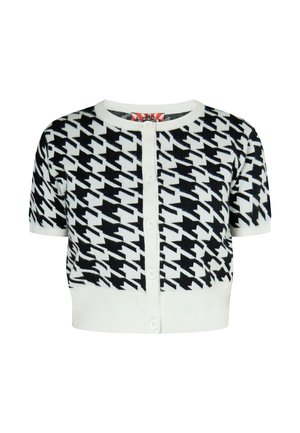 Schwarz-weißer Hahnentritt-Kurzarmpullover mit weißen Knöpfen und geripptem Saum und Bündchen.