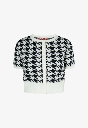 Schwarz-weißer Hahnentritt-Kurzarmpullover mit weißen Knöpfen und geripptem Saum und Bündchen.