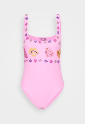 Rosa badedragt med scoop-neck og dekoreret med farverige skaldyr- og blomstermotiver. Fremstillet af glat, strækbart materiale.