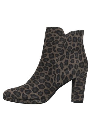 Ankle-high women's boot with a block heel, covered in dark brown and black leopard print pattern.