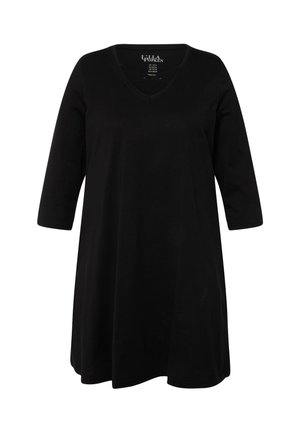 Tunique noire avec un col en V, des manches trois-quarts et une coupe décontractée. Fabriquée en tissu de coton doux, elle présente des détails minimaux et une texture lisse.