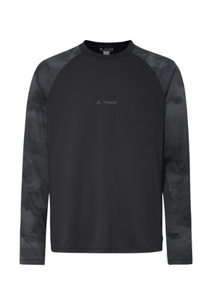 Zwart herensportshirt met lange mouwen, donkergrijze raglanmouwen met patroon en klein centraal Vaude-logo op de borst.