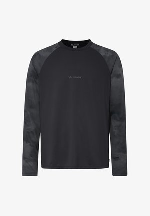 Zwart herensportshirt met lange mouwen, donkergrijze raglanmouwen met patroon en klein centraal Vaude-logo op de borst.