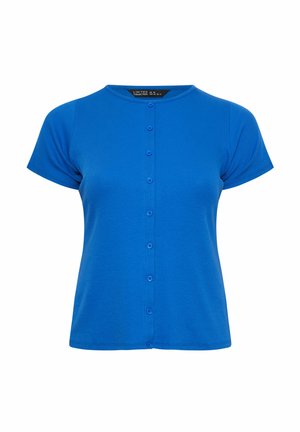 Cardigan azul de manga corta con botones, cuello redondo, textura acanalada y silueta ajustada.