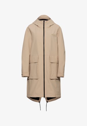 Giacca impermeabile beige con chiusura frontale a zip, due grandi tasche frontali, colletto alto e orlo con coulisse regolabile. Texture liscia.