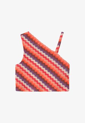 Een asymmetrisch gebreid crop topje met zigzagstrepen in rood, oranje, paars en beige tinten.
