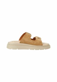 Tan suede slide sandals with a two-piece upper, open toe, and gold-tone accents, featuring a beige rubber sole with a textured pattern.