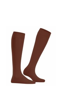 Braune kniefreie Socken aus glattem Material, einfarbig ohne sichtbare Muster oder Hardwaredetails.