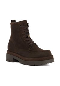 Brown suede ankle boot with round toe, lace-up front, block heel, and a textured finish. Features gold-tone hardware accents.
