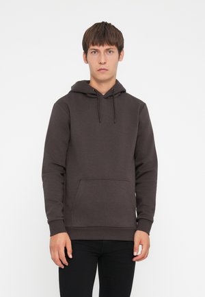 Dark brown hoodie made of soft fabric, featuring a front pocket, adjustable drawstring hood, and ribbed cuffs. Simple, solid design.