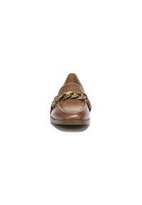 Braune Lederloafer mit runder Zehe, einem hochgezogenen Nahtdesign und einer goldenen Kettenakzentierung über dem Obermaterial. Flache Gummisohle.