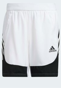 Valkoiset urheilushortsit, joissa on musta alaosa, kolme mustaa sivustripitiä ja musta Adidas-logo helmassa. Elastinen vyötärö.