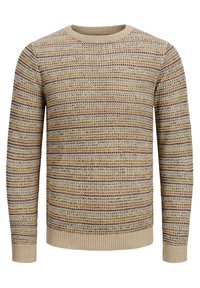 Pletený svetr v béžové a šedé barvě s texturovanými horizontálními pruhy v hořčicové a burgundské. Hladký límec a manžety. Standardní střih.