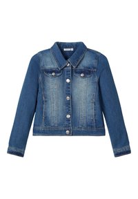 Džínová bunda ve světle a tmavě modré barvě s límečkem, předním zapínáním na knoflíky, dvěma náprsními kapsami a zkráceným střihem.
