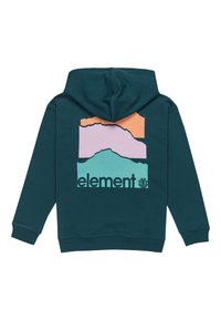 Vihreä huppari, jossa on graafinen suunnittelu kerroksittain olevista vuorista persikan, laventelin ja mintun väreissä, ja "elementti"-teksti alla.