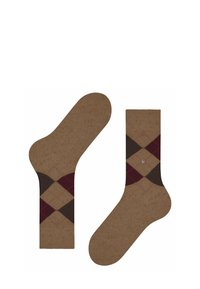 Brązowe skarpetki z wzorem argyle w ciemnobrązowym, burgundowym i pomarańczowym kolorze z metalicznym akcentem. Miękka faktura i ściągacz na kostce.