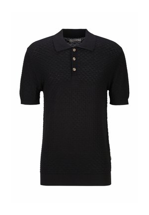 Schwarzes kurzärmeliges Poloshirt mit strukturierter Musterung, drei beigen Knöpfen, geripptem Saum und einfarbigem Kragen.